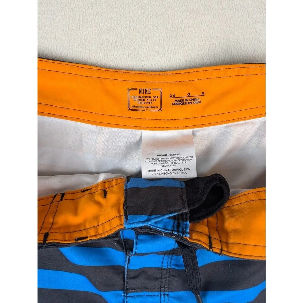 Nike Board Shorts Men's Blue Black White‎ Stripe Swim Trunks Size 36 Beach Surf
